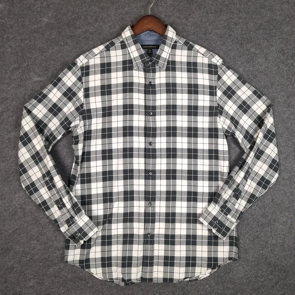 Banana Republic‎ Mens Plaid Button Front Shirt Black White Check Long Sleeve M